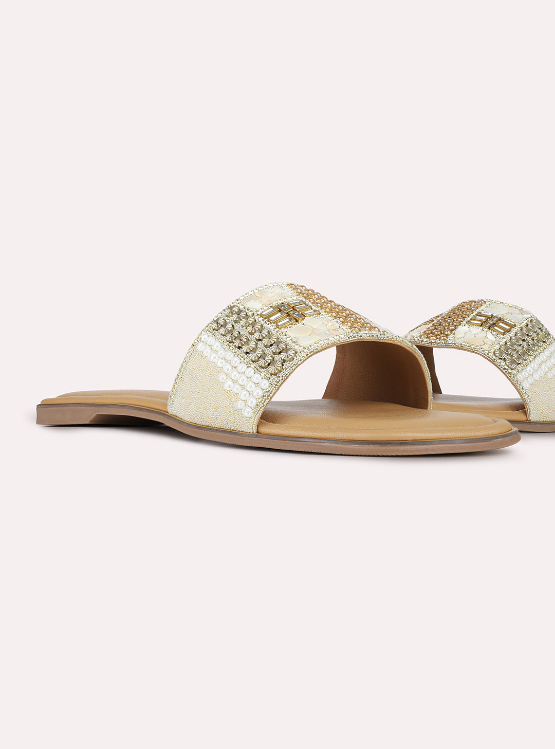 Womens Golden Ethnic Embellished Round Toe Flat Slip-Ons