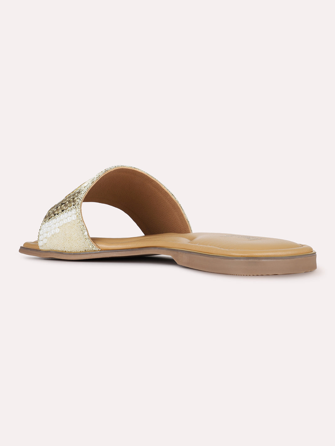 Womens Golden Ethnic Embellished Round Toe Flat Slip-Ons