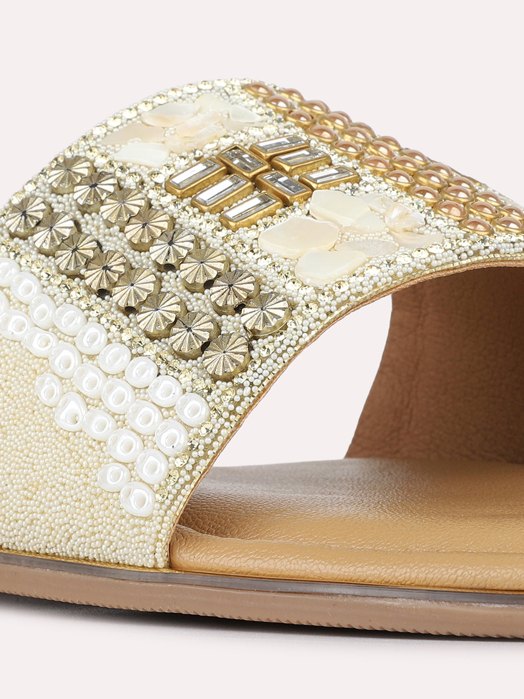 Womens Golden Ethnic Embellished Round Toe Flat Slip-Ons