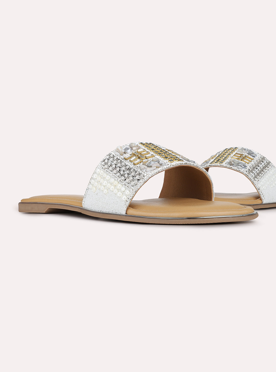 Womens Silver Ethnic Embellished Round Toe Flat Slip-Ons