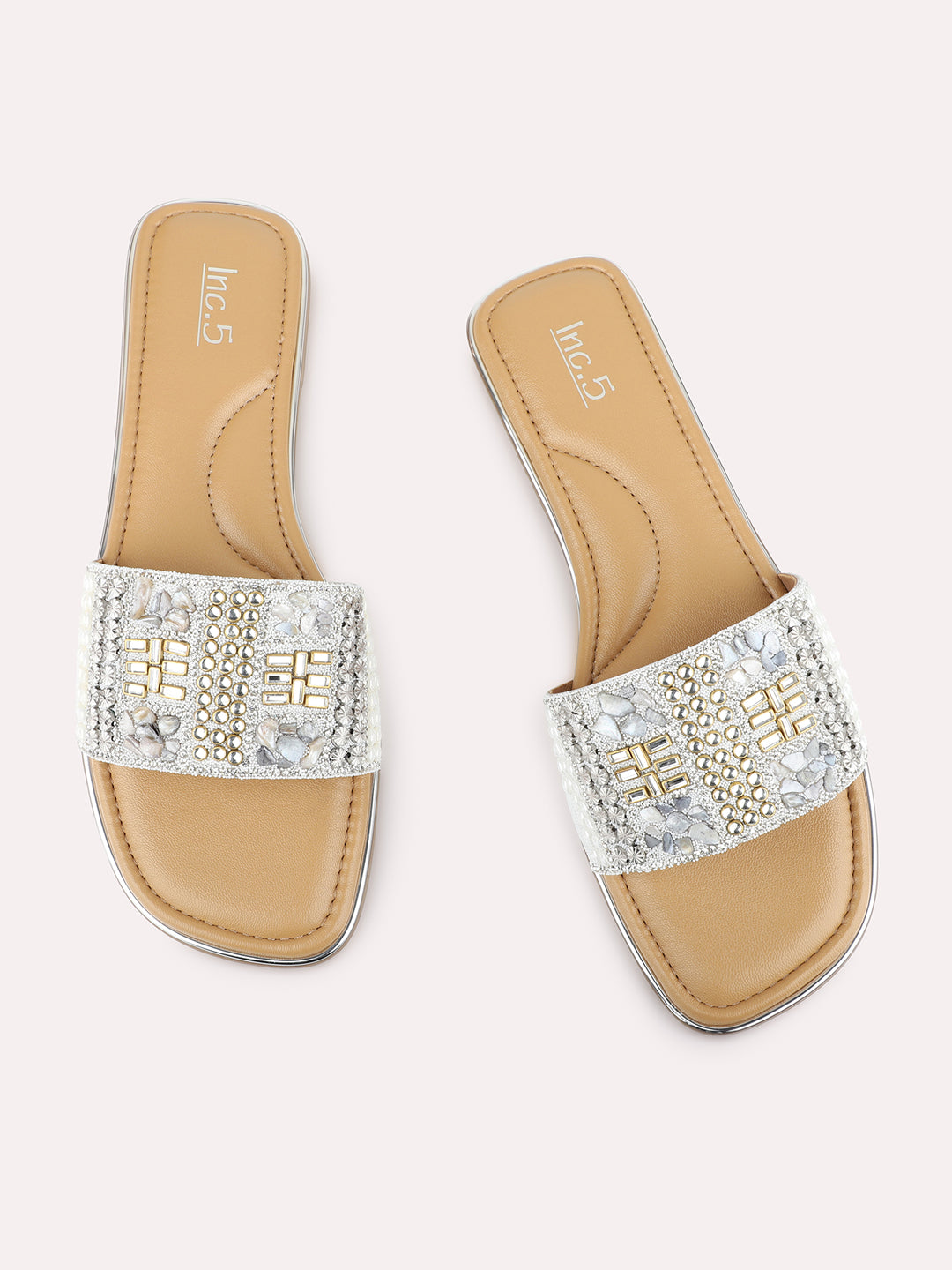 Womens Silver Ethnic Embellished Round Toe Flat Slip-Ons