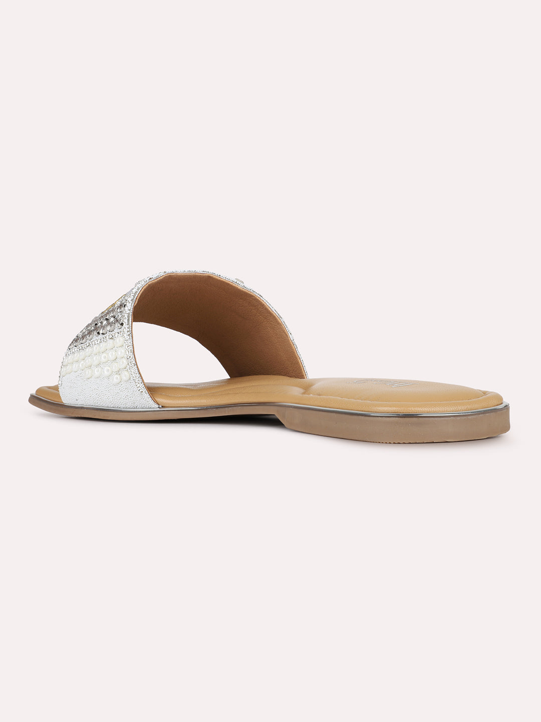 Womens Silver Ethnic Embellished Round Toe Flat Slip-Ons