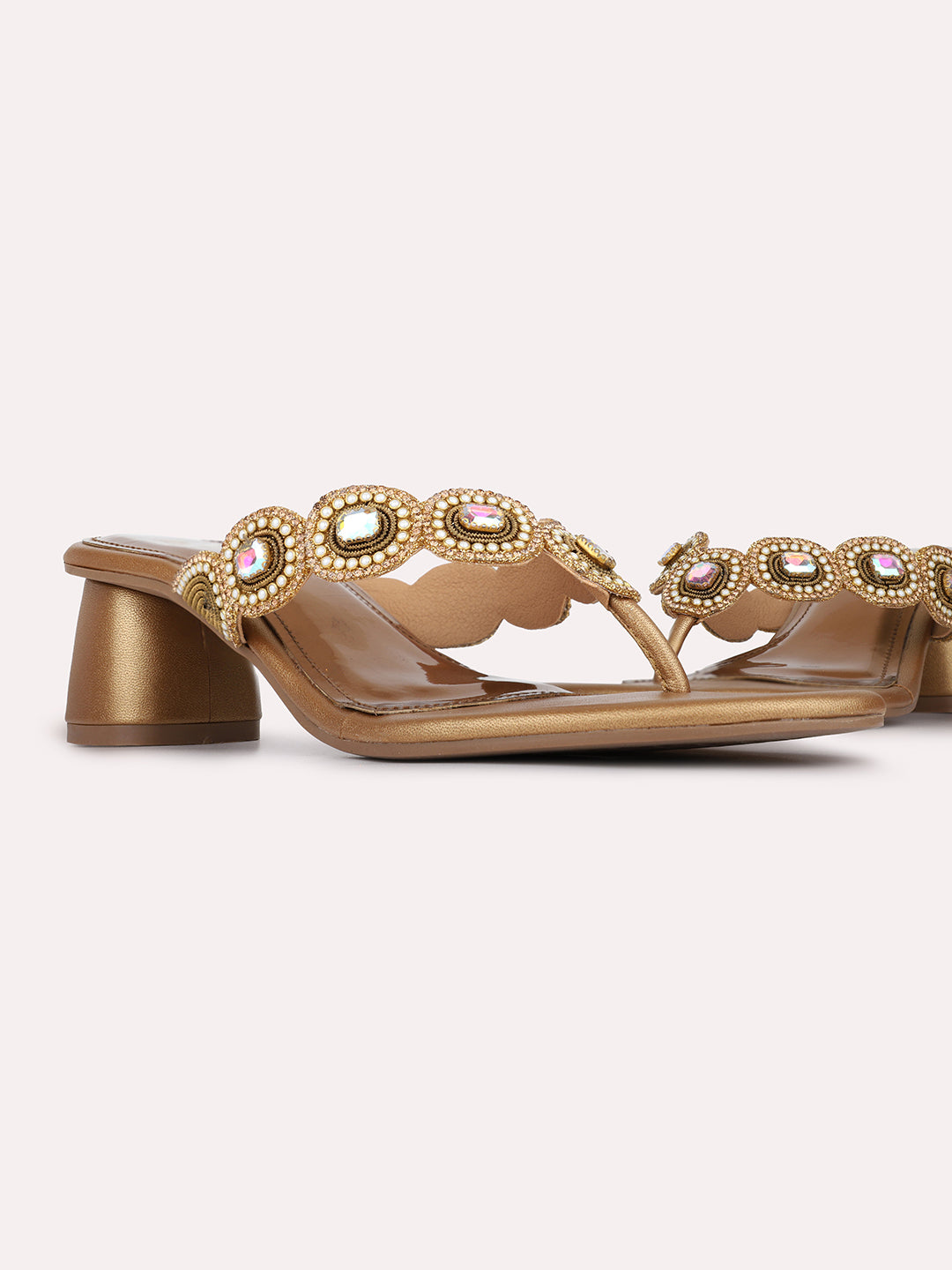Womens Golden Ethnic Embellished Round Toe Block Heels