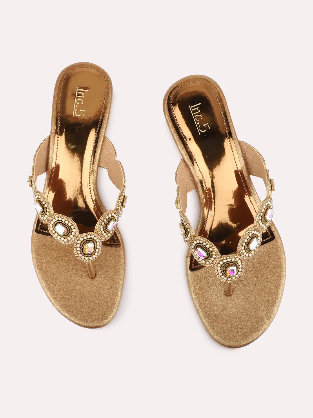 Womens Golden Ethnic Embellished Round Toe Block Heels