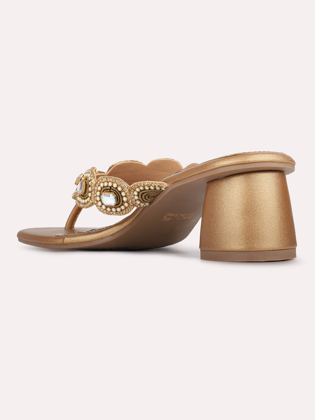 Womens Golden Ethnic Embellished Round Toe Block Heels