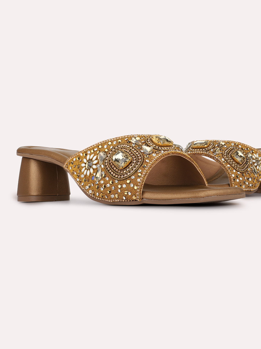 Womens Golden Ethnic Embellished Pattern Square Toe Block Heels