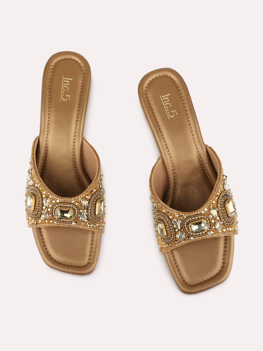 Womens Golden Ethnic Embellished Pattern Square Toe Block Heels
