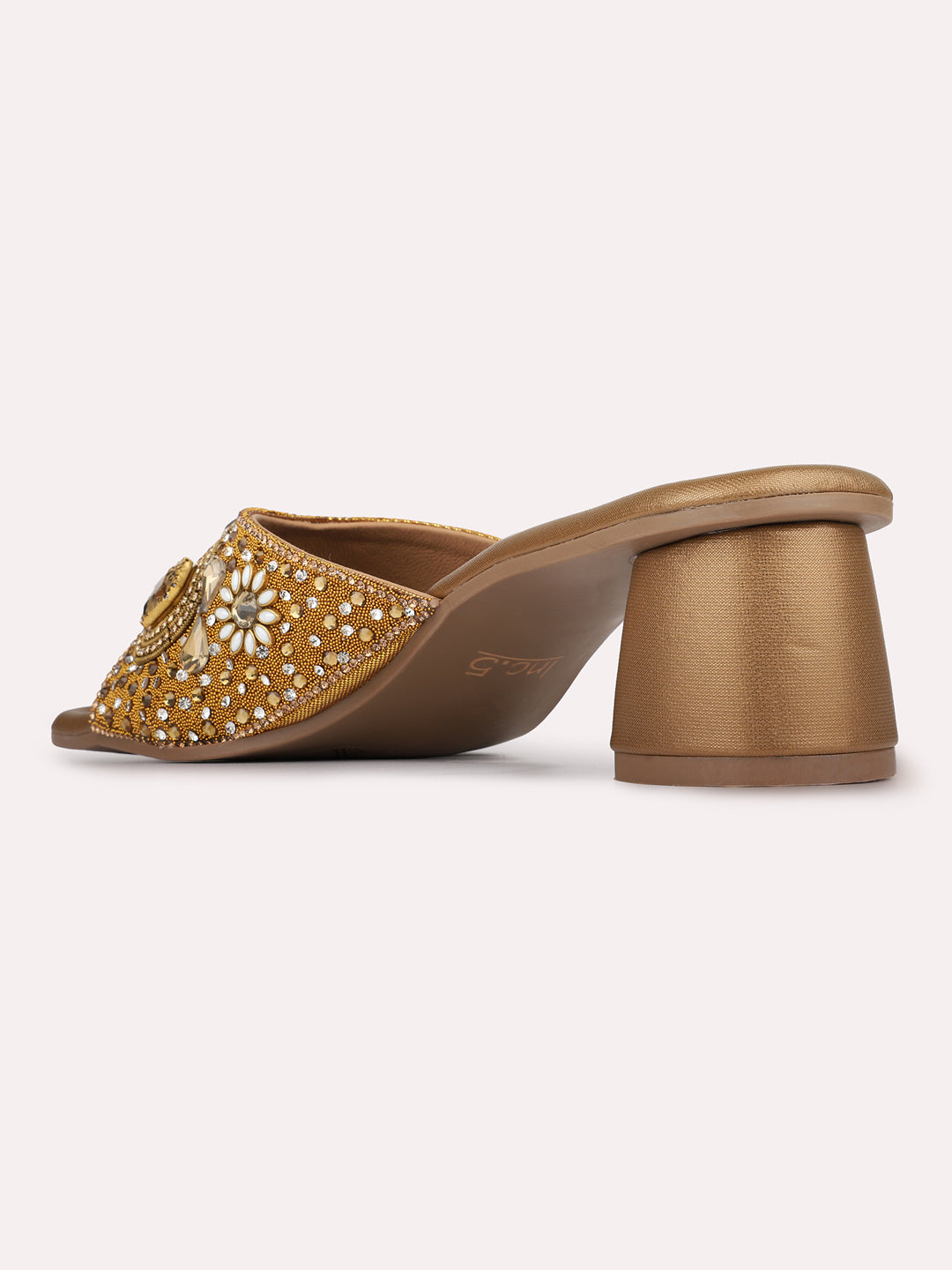 Womens Golden Ethnic Embellished Pattern Square Toe Block Heels