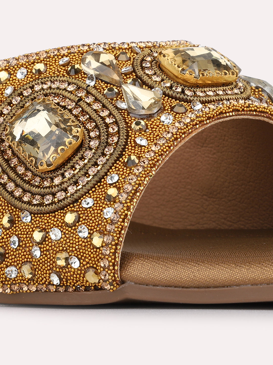 Womens Golden Ethnic Embellished Pattern Square Toe Block Heels