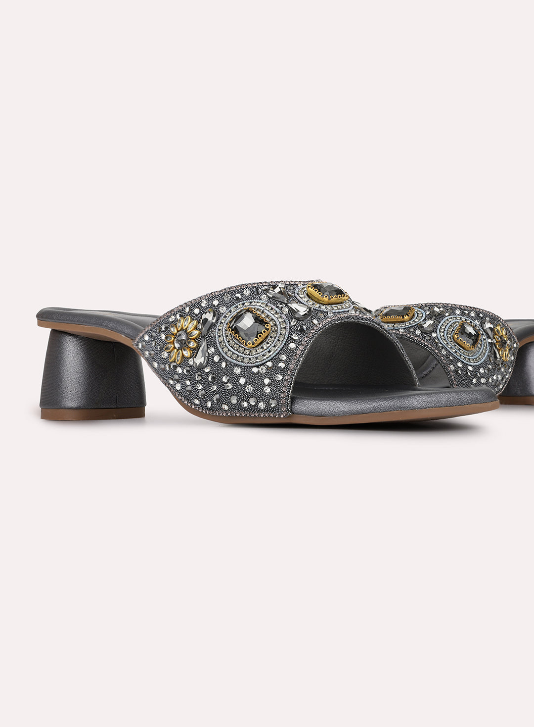 Womens Pewter Ethnic Embellished Square Toe Block Heels