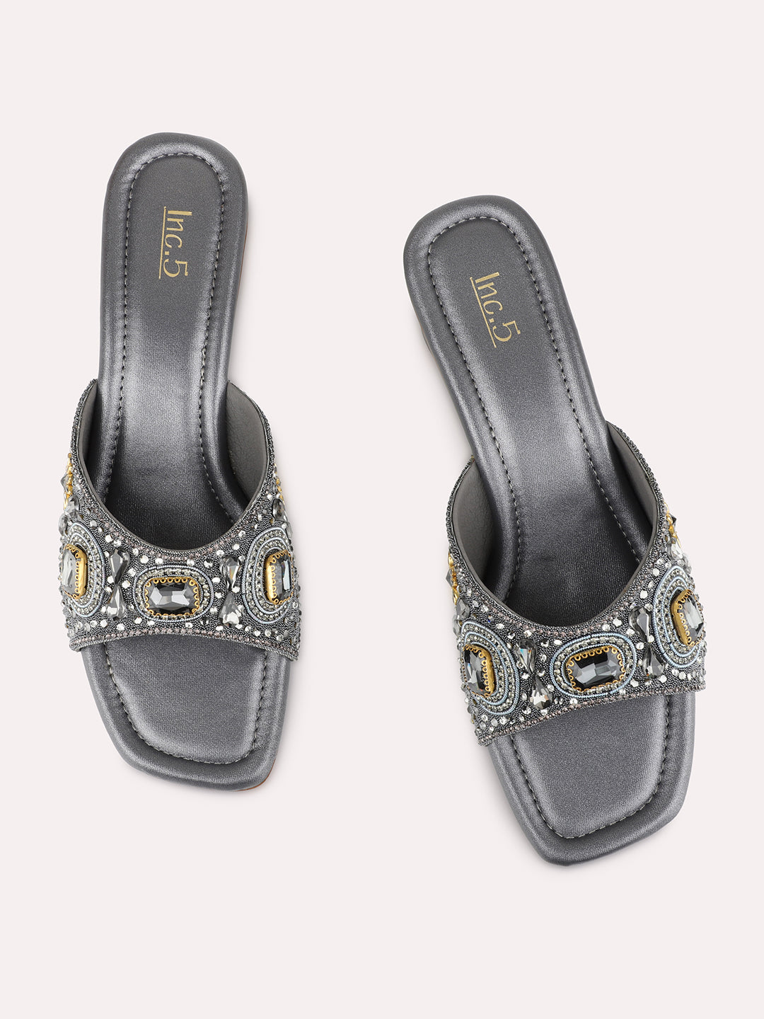 Womens Pewter Ethnic Embellished Square Toe Block Heels
