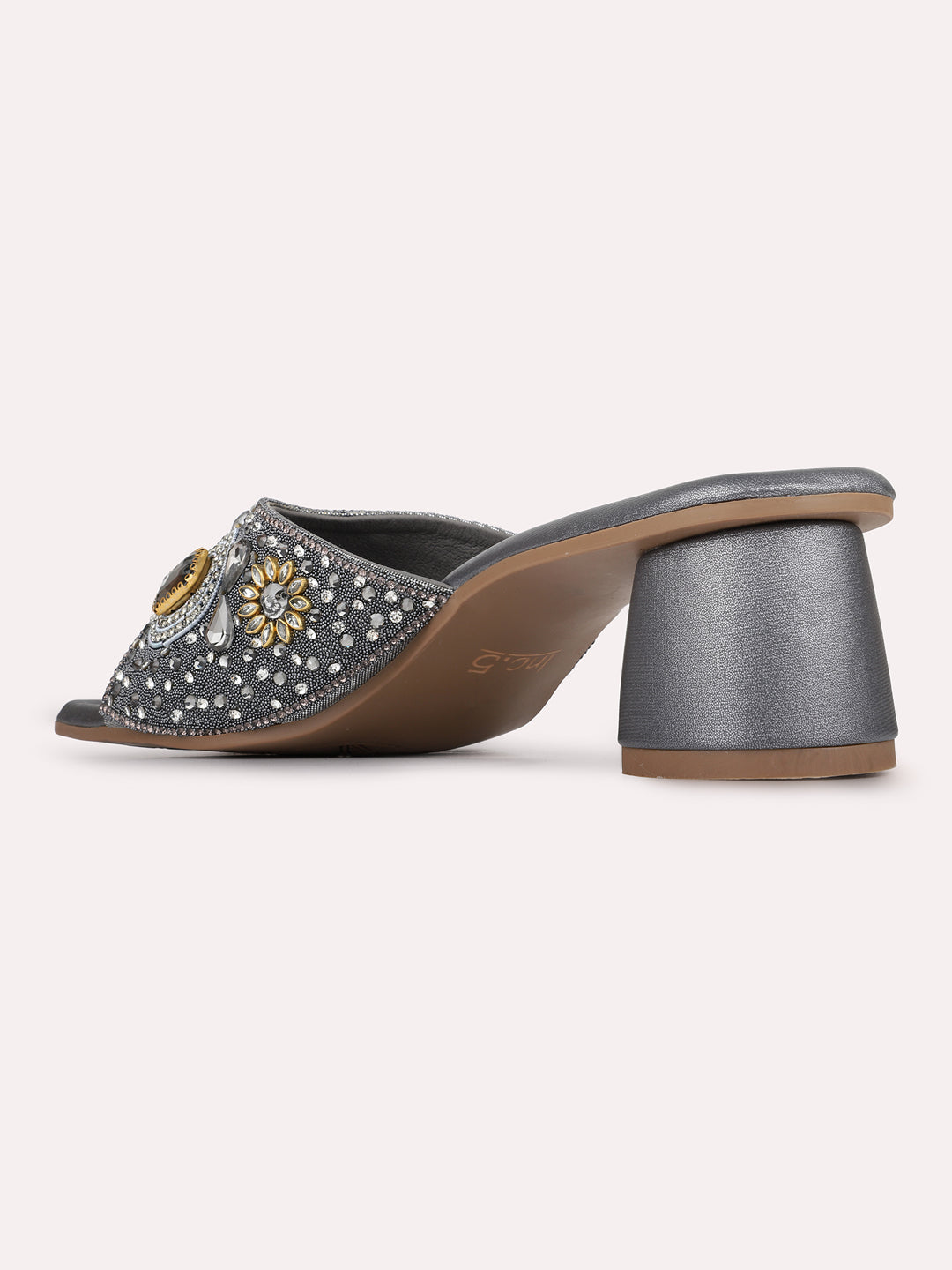Womens Pewter Ethnic Embellished Square Toe Block Heels
