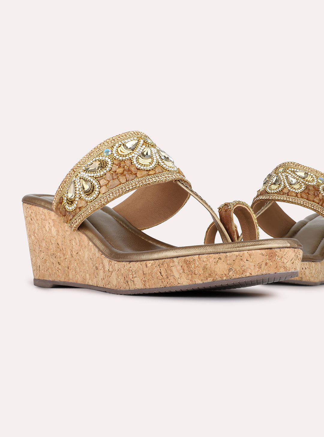 Womens Golden Ethnic Embellished Pattern Round Toe Wedges