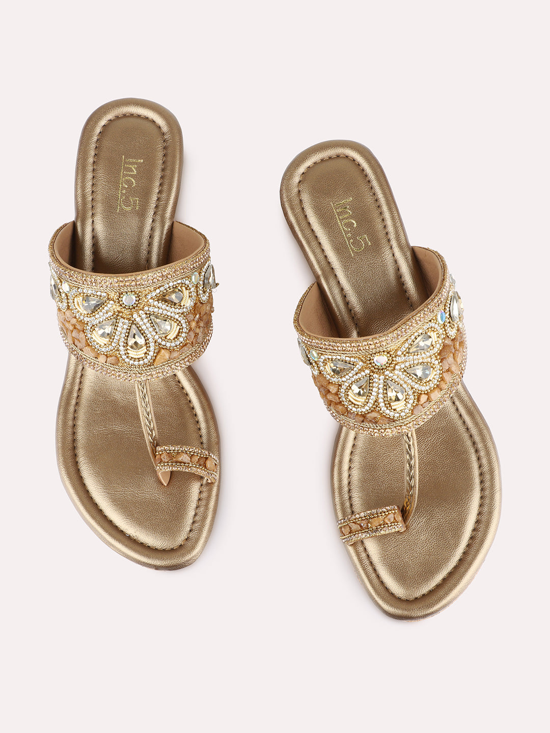 Womens Golden Ethnic Embellished Pattern Round Toe Wedges