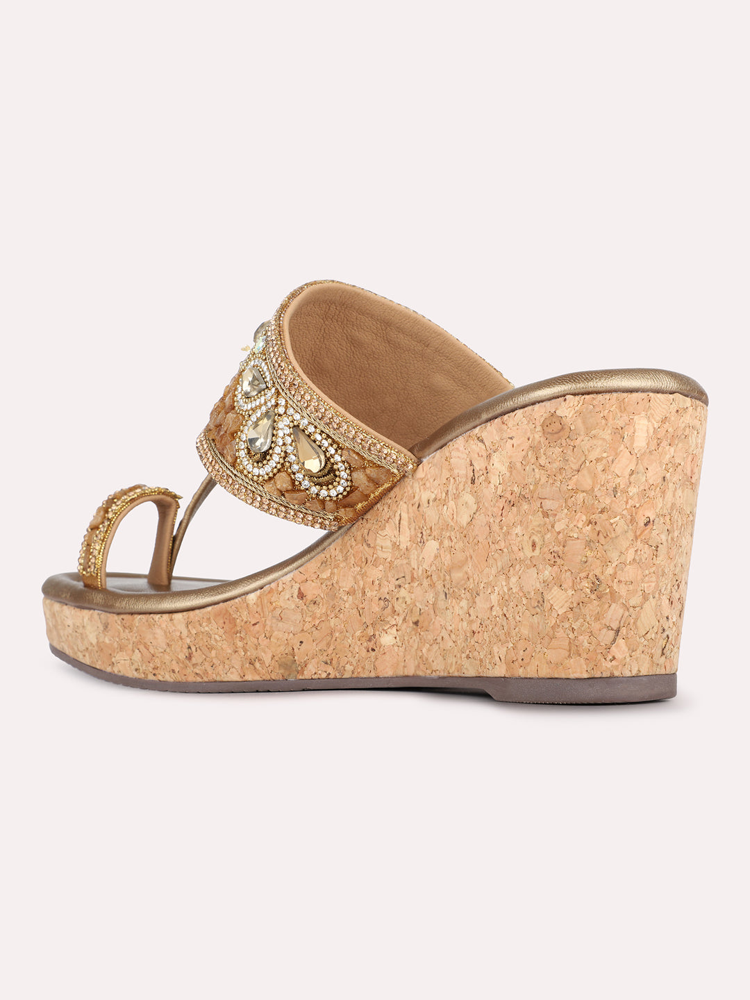 Womens Golden Ethnic Embellished Pattern Round Toe Wedges