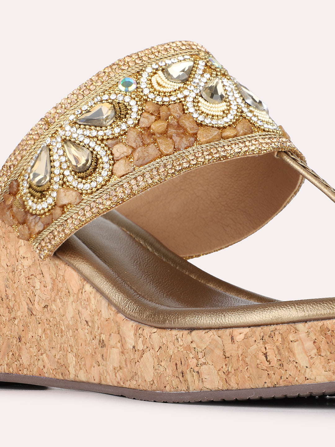 Womens Golden Ethnic Embellished Pattern Round Toe Wedges