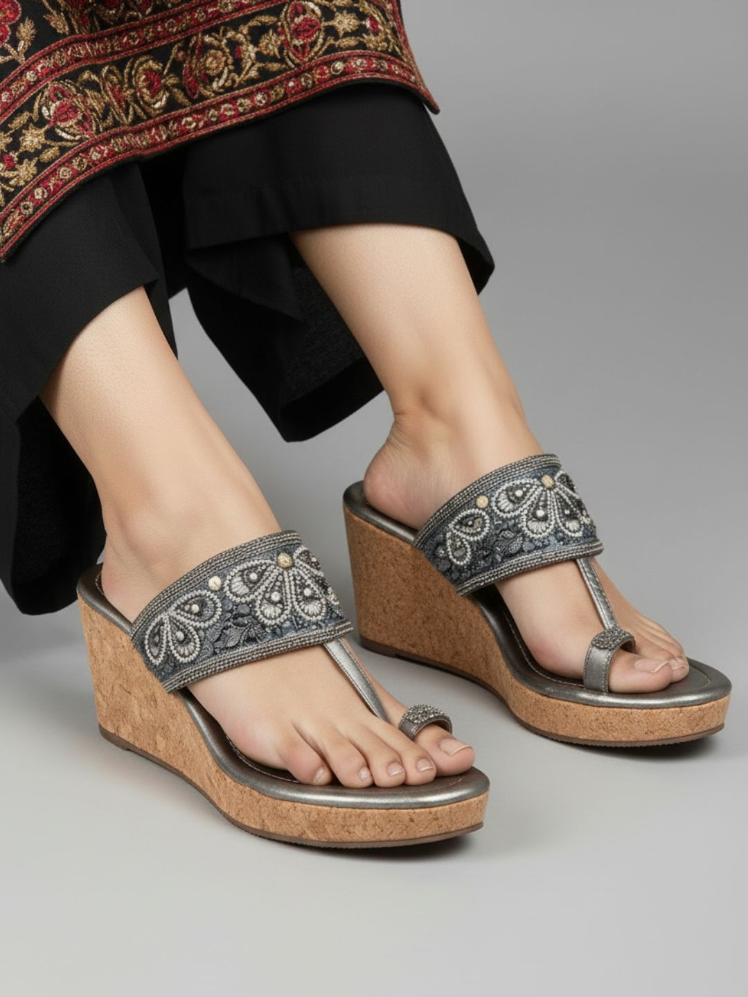 Womens Pewter Ethnic Embellished Round Toe Wedge Heels