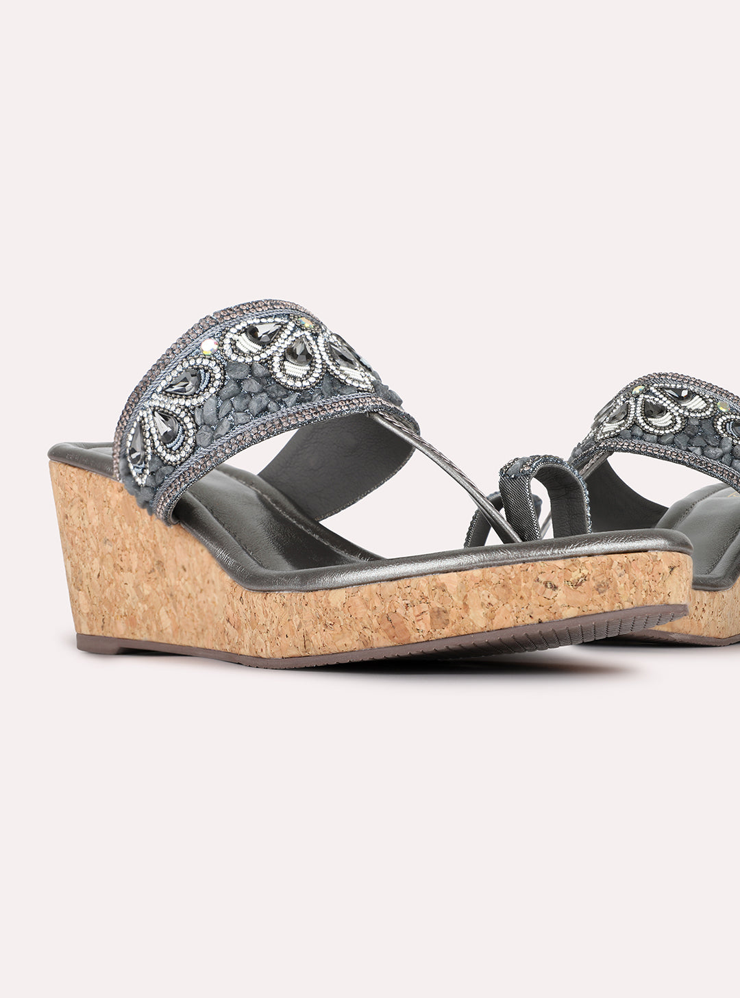 Womens Pewter Ethnic Embellished Round Toe Wedge Heels