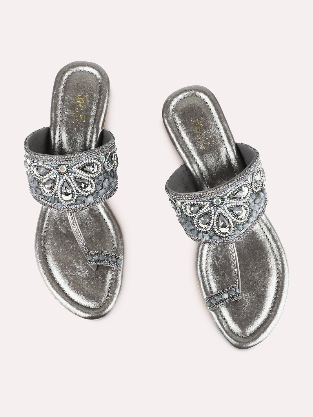 Womens Pewter Ethnic Embellished Round Toe Wedge Heels