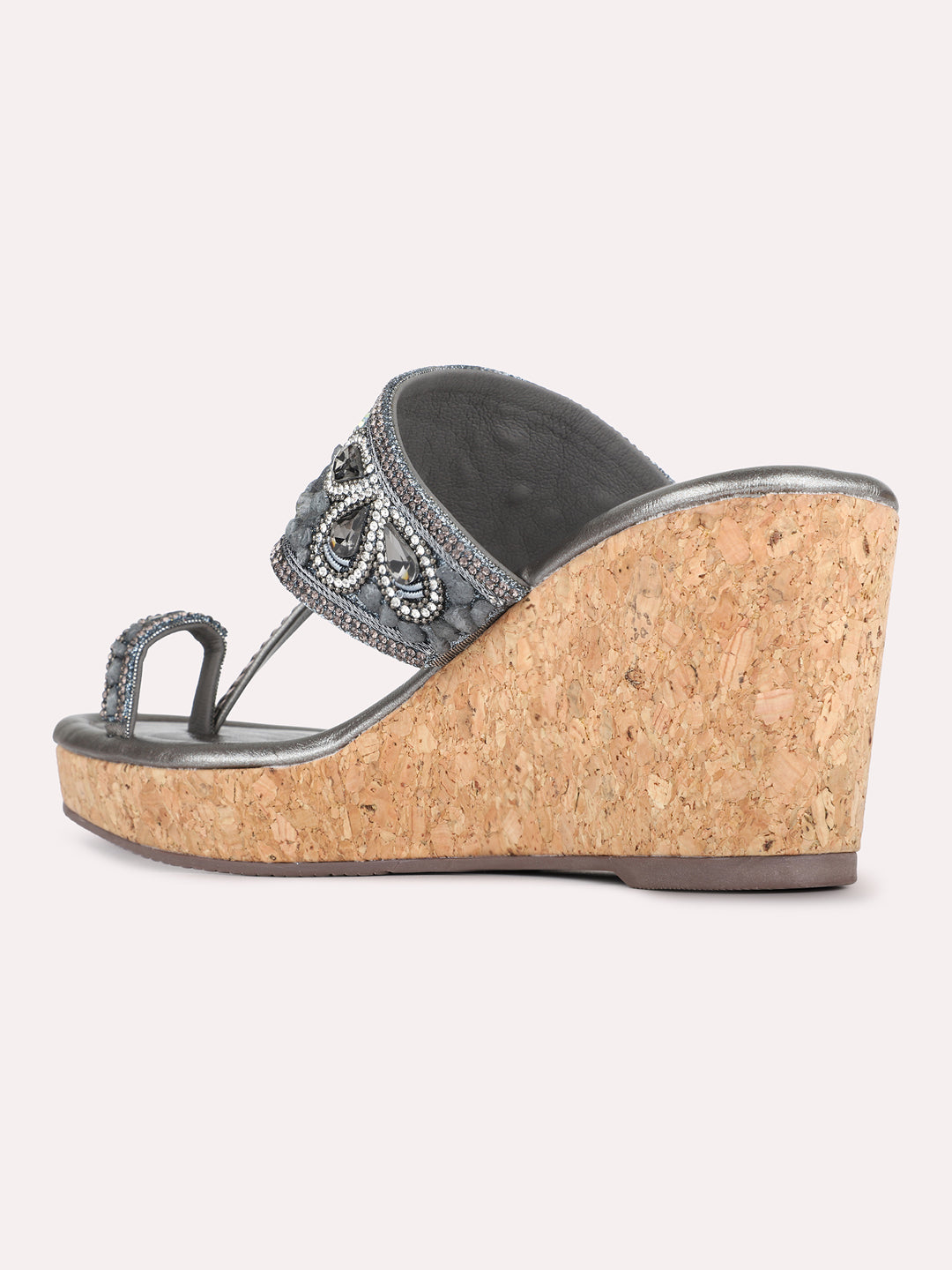 Womens Pewter Ethnic Embellished Round Toe Wedge Heels