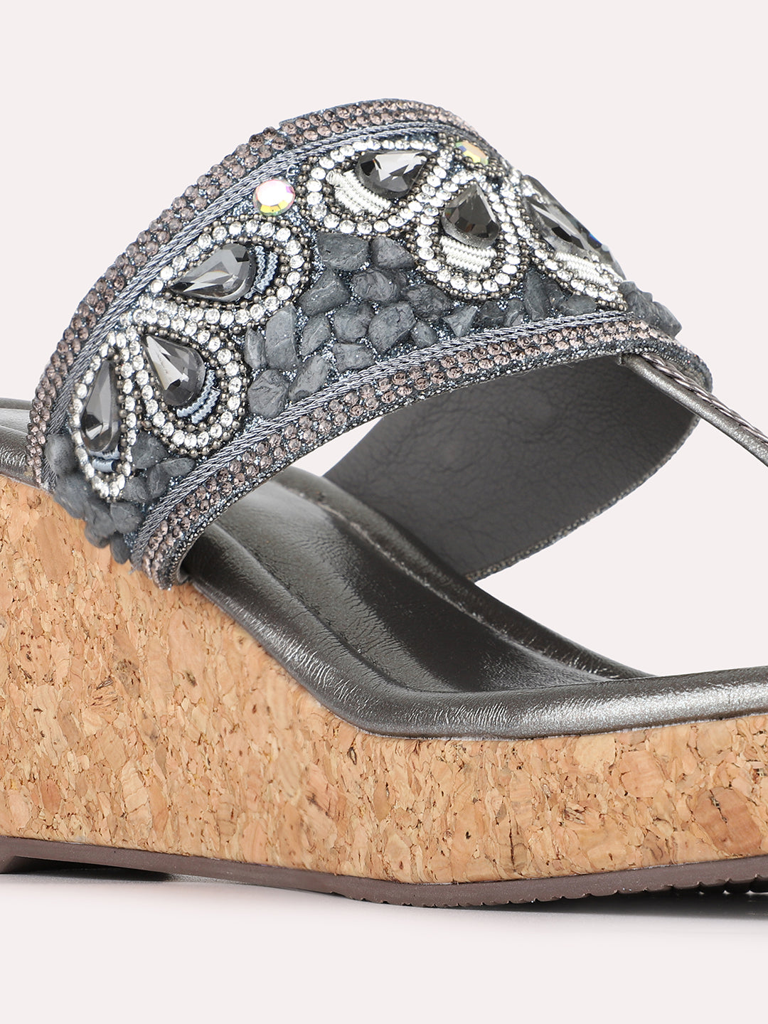 Womens Pewter Ethnic Embellished Round Toe Wedge Heels