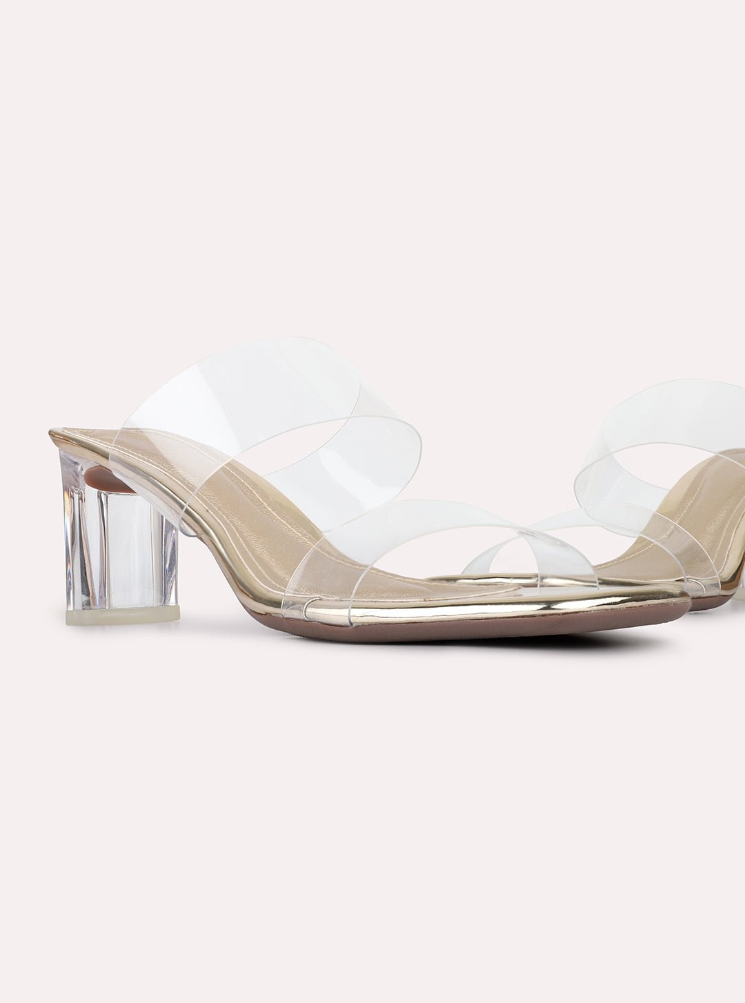 Womens Golden Ethnic Transparent Square Toe Block Heels
