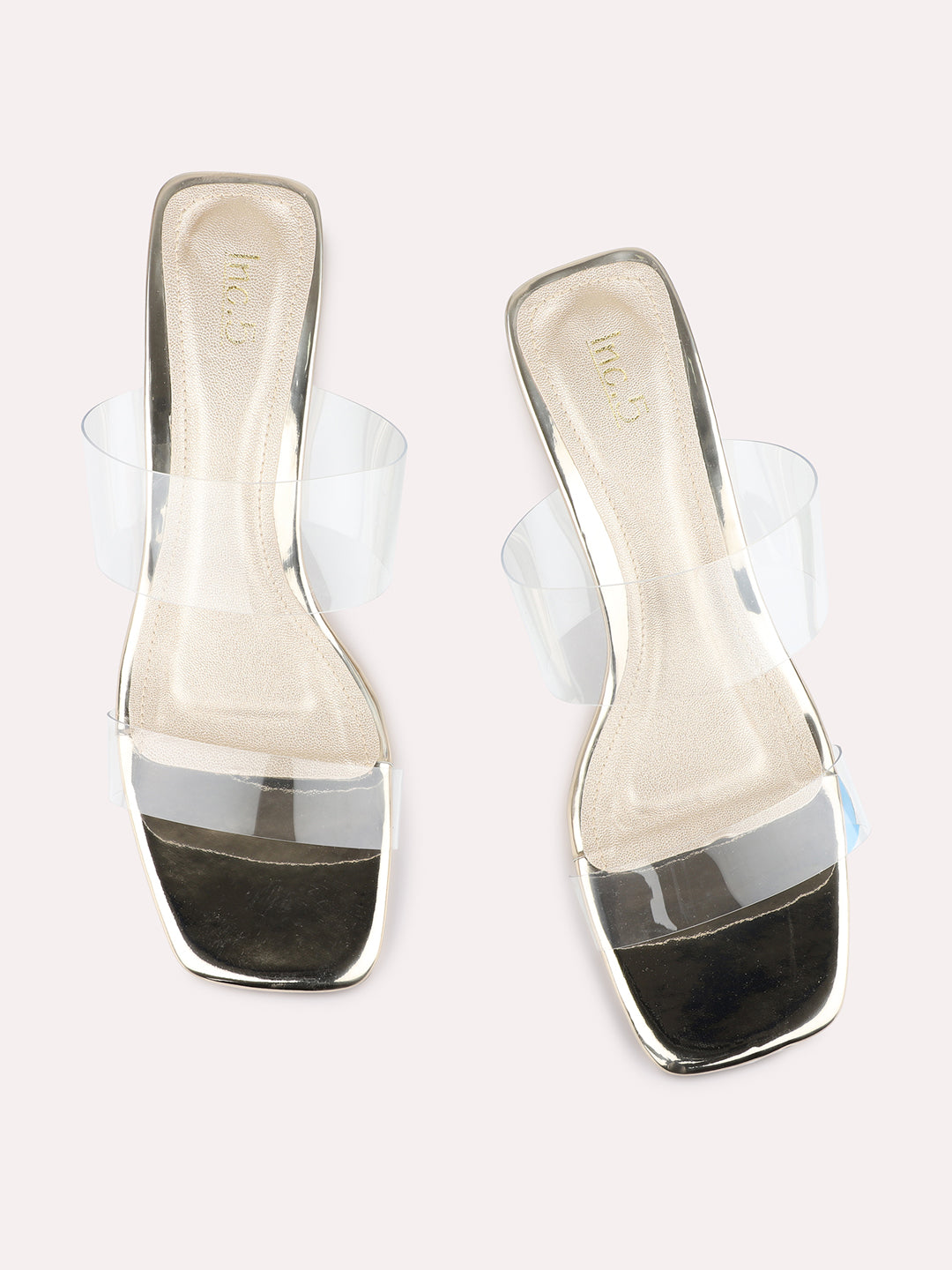 Womens Golden Ethnic Transparent Square Toe Block Heels