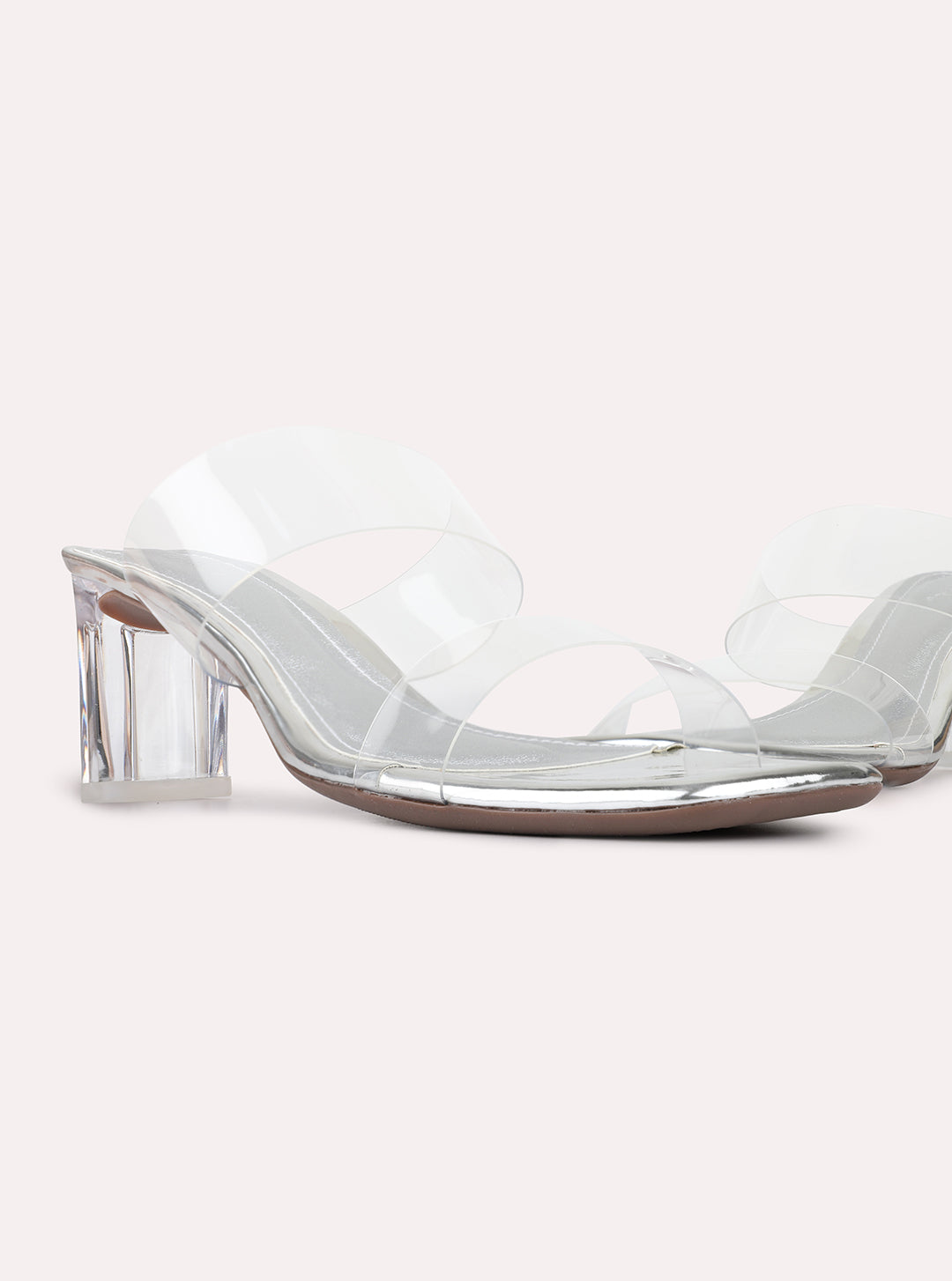Womens Silver Ethnic Transparent Square Toe Block Heels