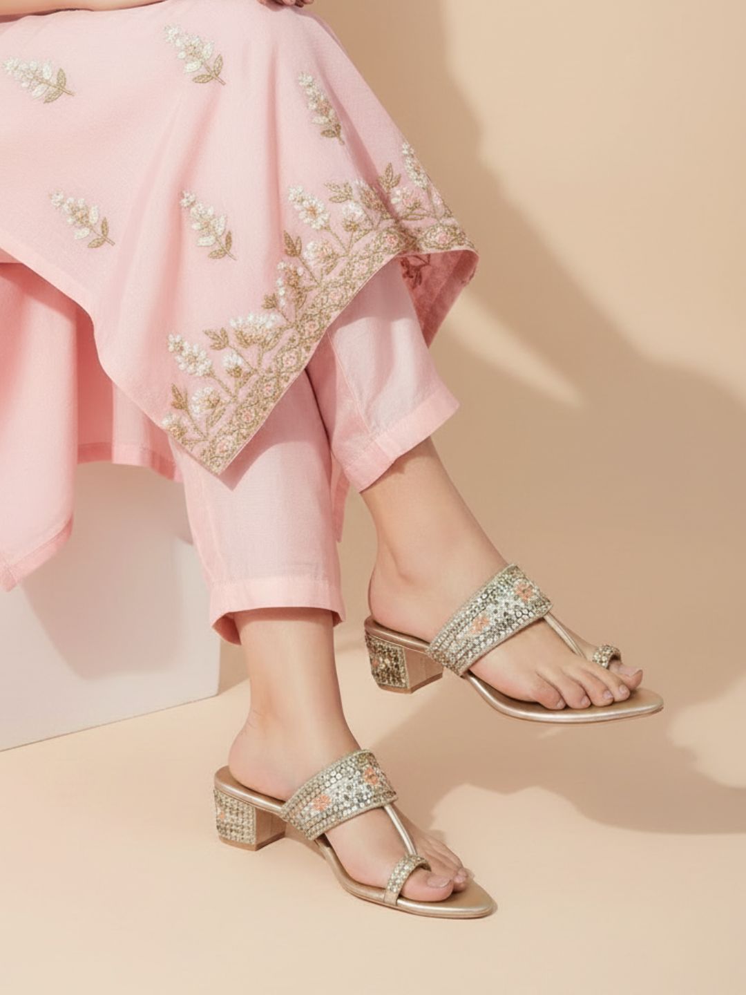 Womens Golden Ethnic Embellished Round Toe Block Heels