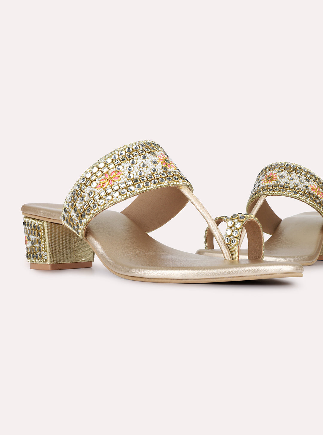 Womens Golden Ethnic Embellished Round Toe Block Heels