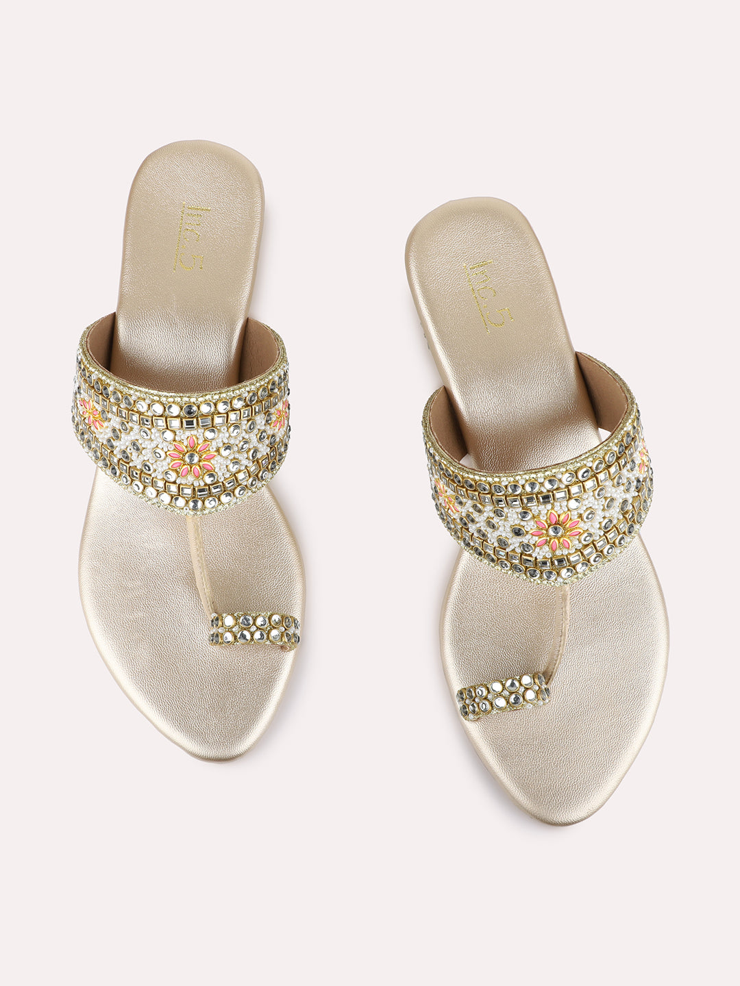 Womens Golden Ethnic Embellished Round Toe Block Heels