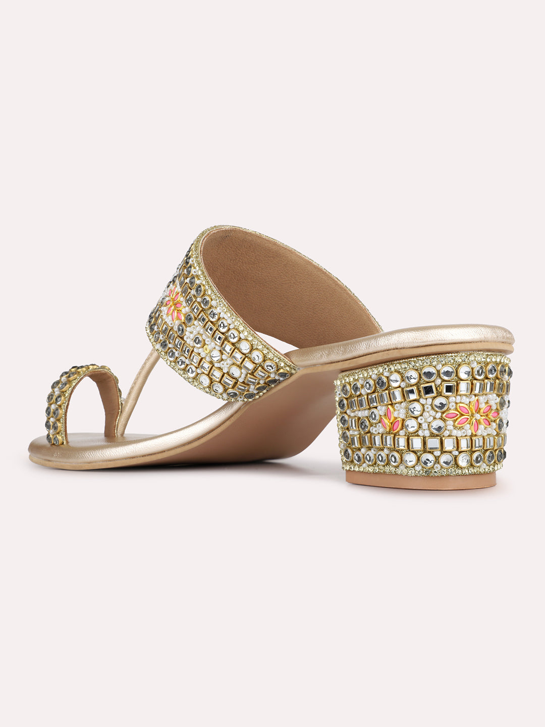 Womens Golden Ethnic Embellished Round Toe Block Heels