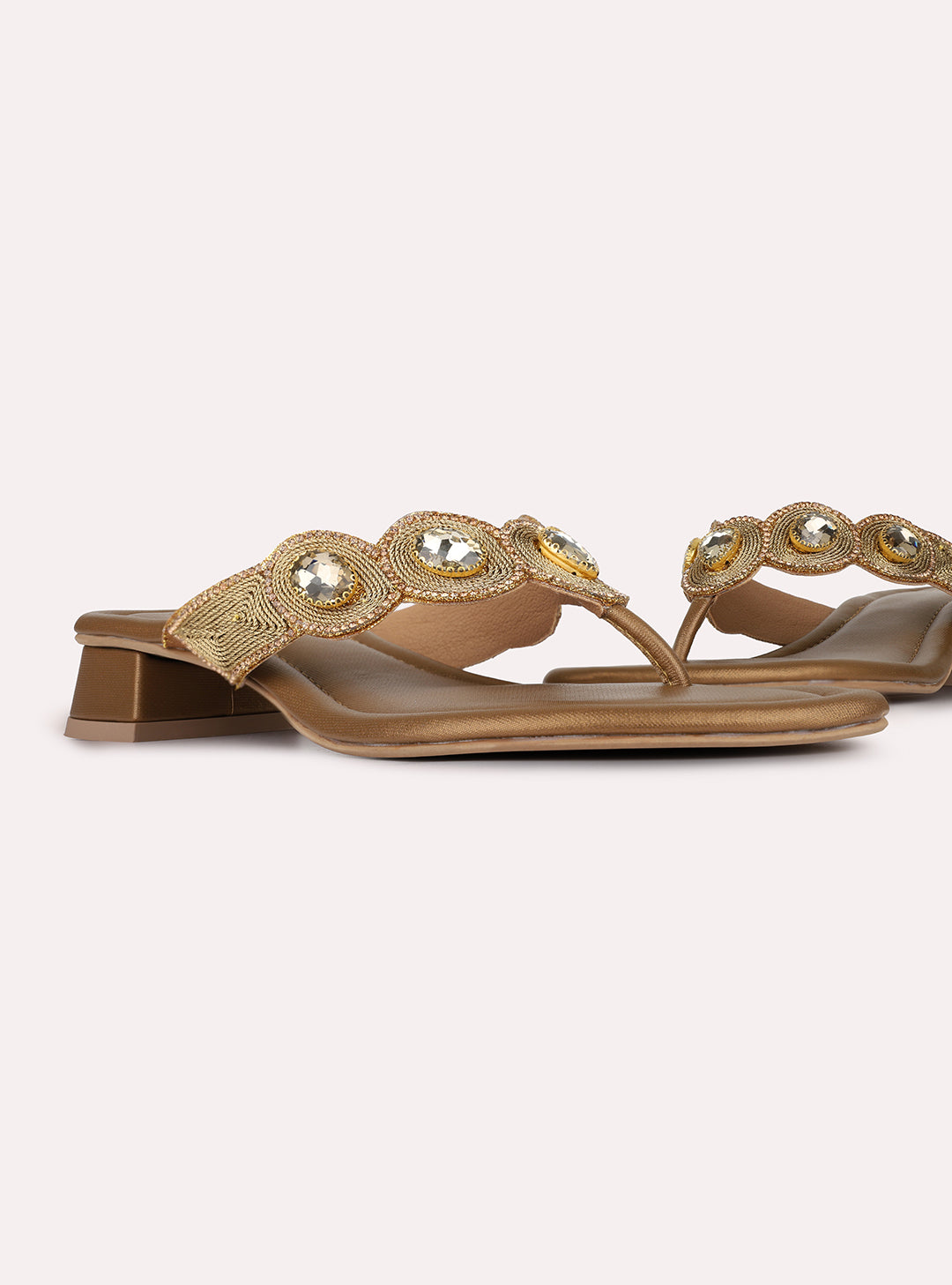 Womens Golden Ethnic Embellished Round Toe Block Heels