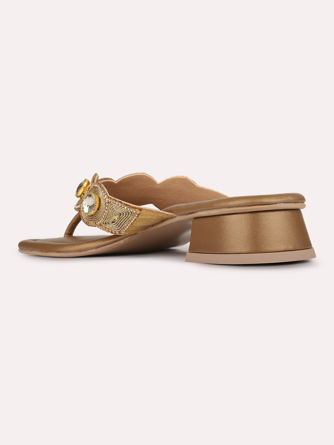 Womens Golden Ethnic Embellished Round Toe Block Heels