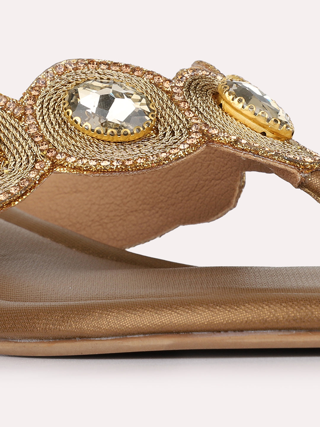 Womens Golden Ethnic Embellished Round Toe Block Heels