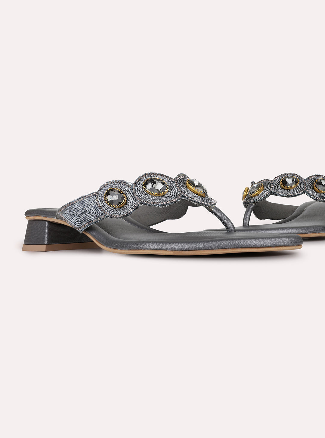 Womens Pewter Ethnic Embellished Round Toe Block Heels