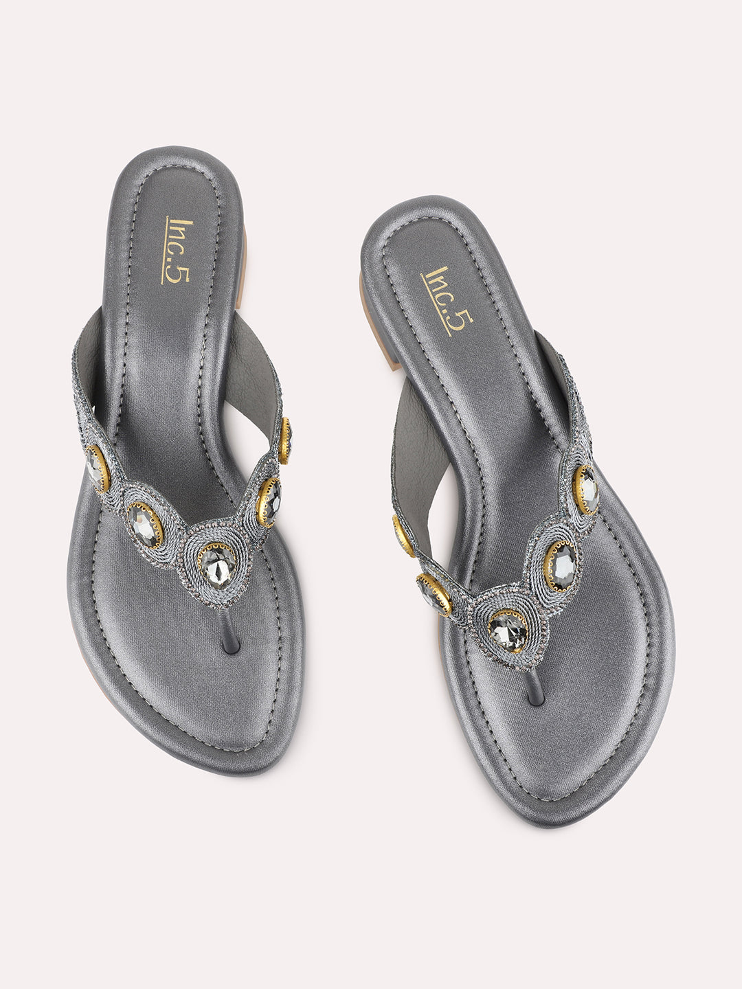 Womens Pewter Ethnic Embellished Round Toe Block Heels