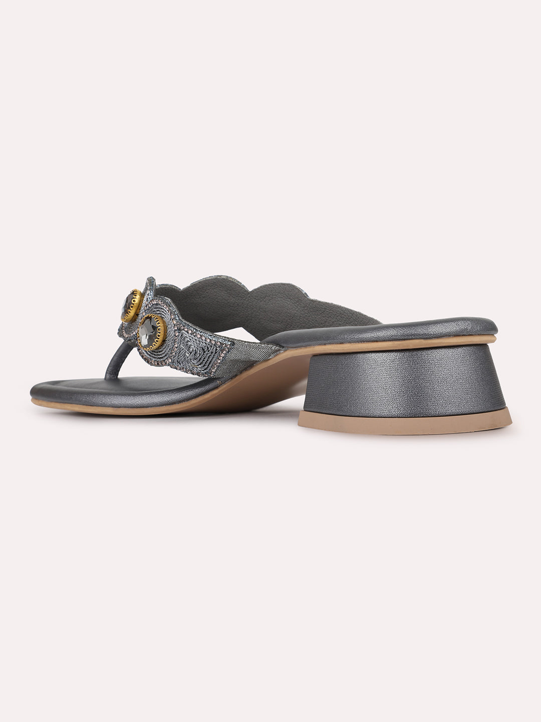Womens Pewter Ethnic Embellished Round Toe Block Heels