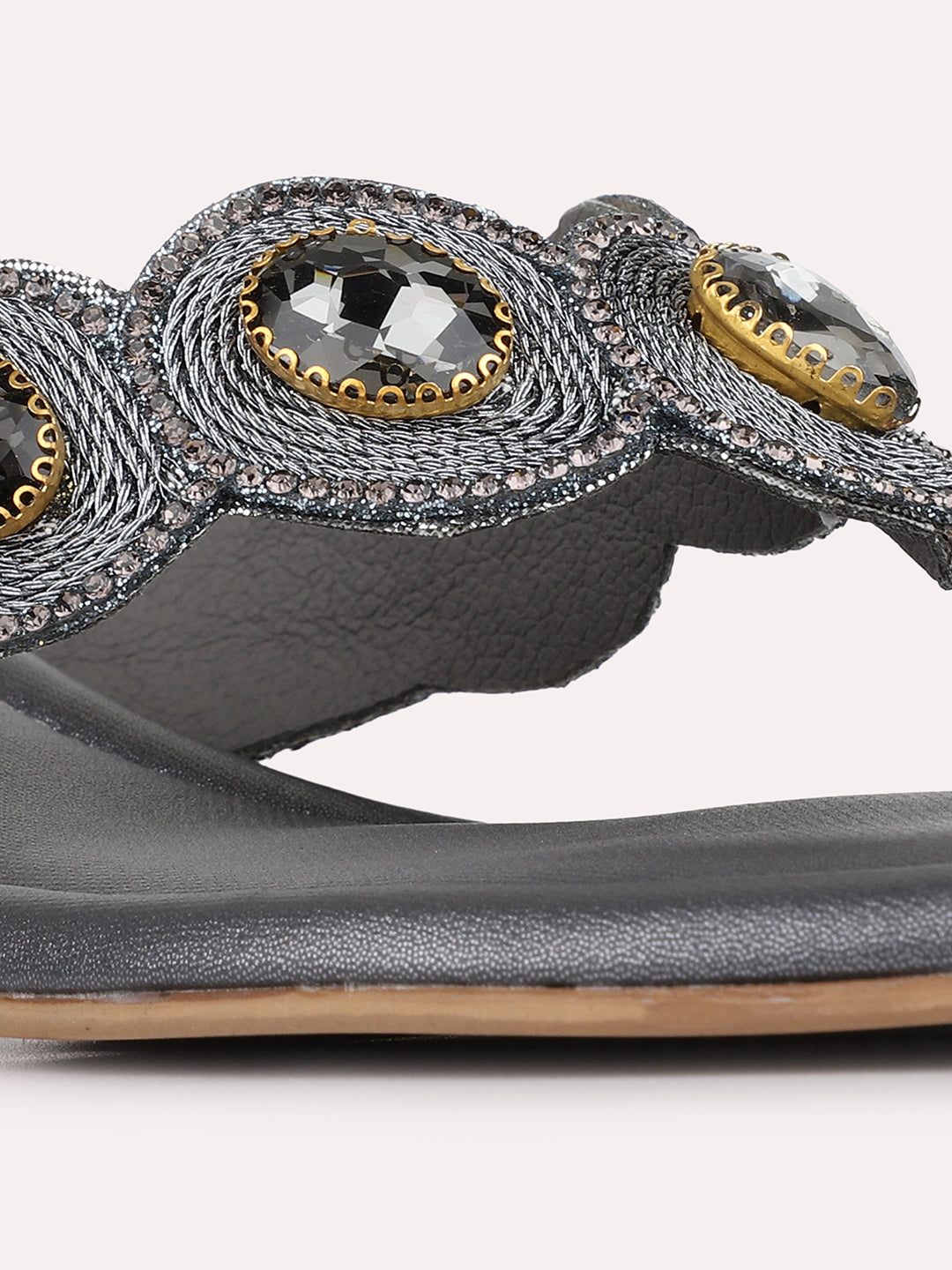 Womens Pewter Ethnic Embellished Round Toe Block Heels