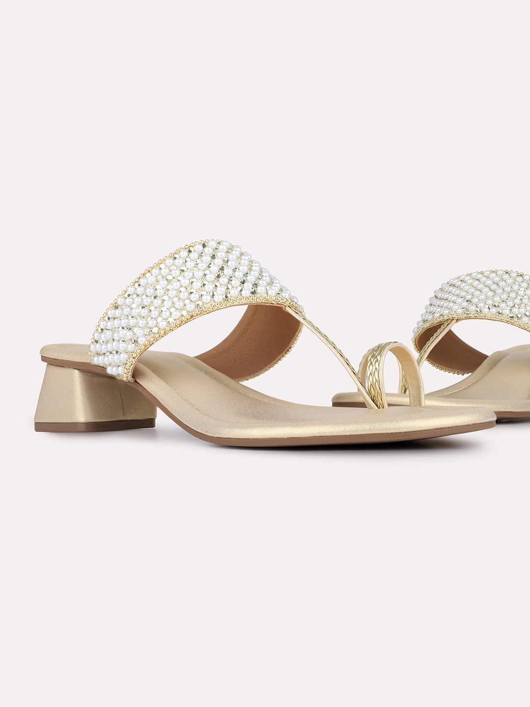 Womens Golden Party Wear Embellished Round Toe Block Heels