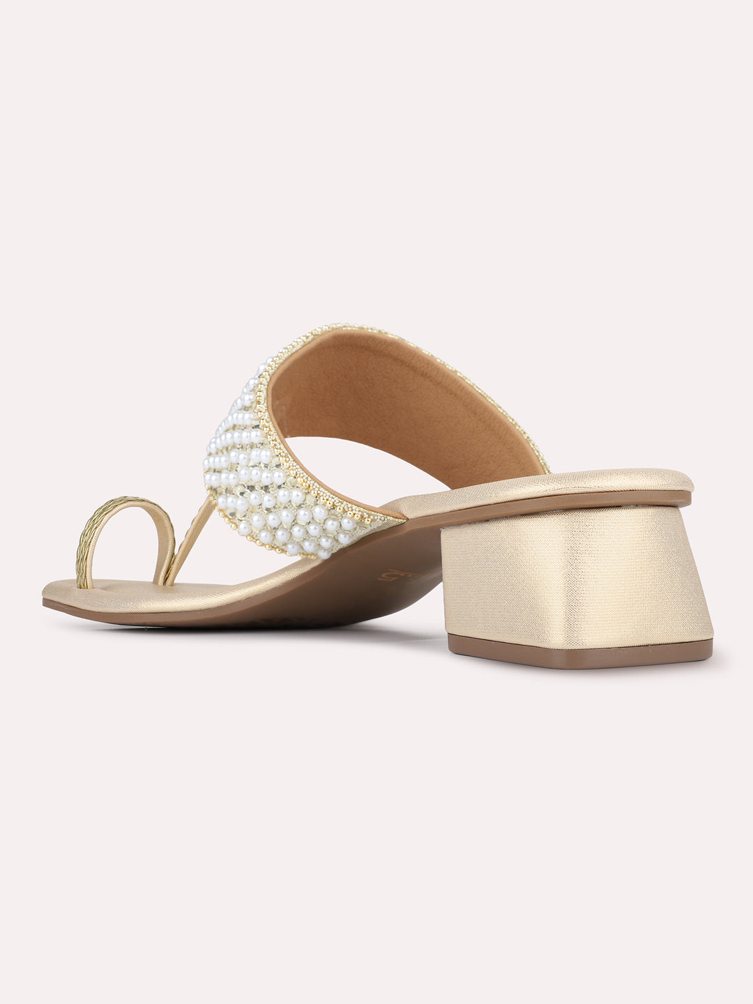 Womens Golden Party Wear Embellished Round Toe Block Heels