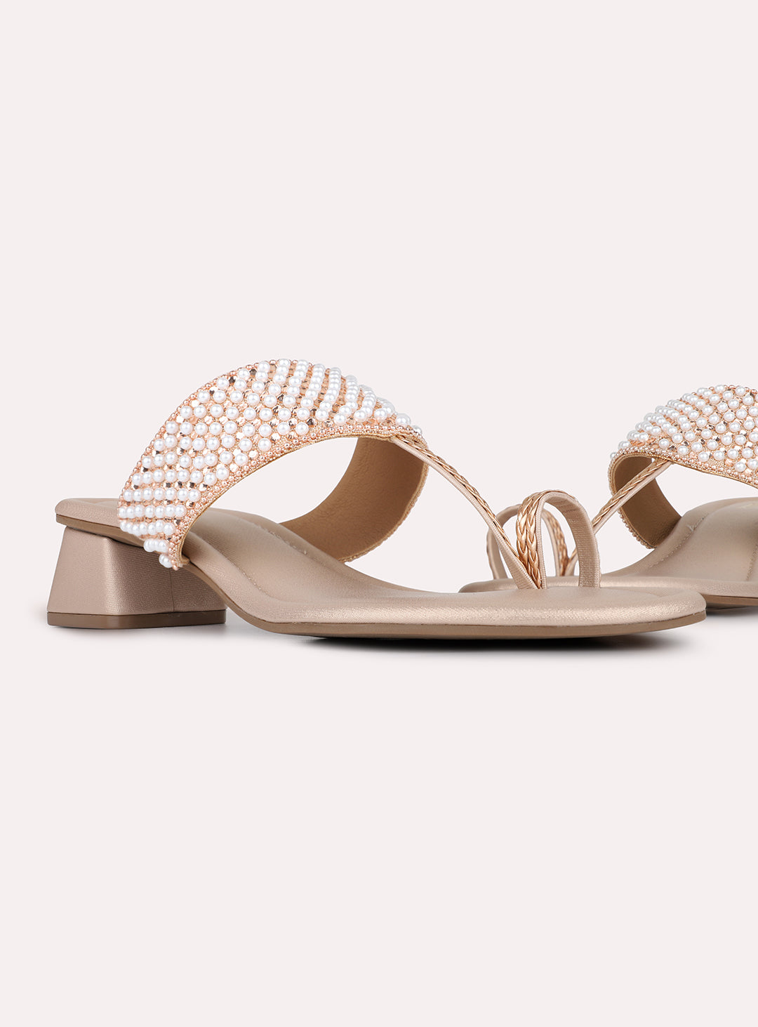 Womens Rose Gold Party Wear Embellished Round Toe Block Heels