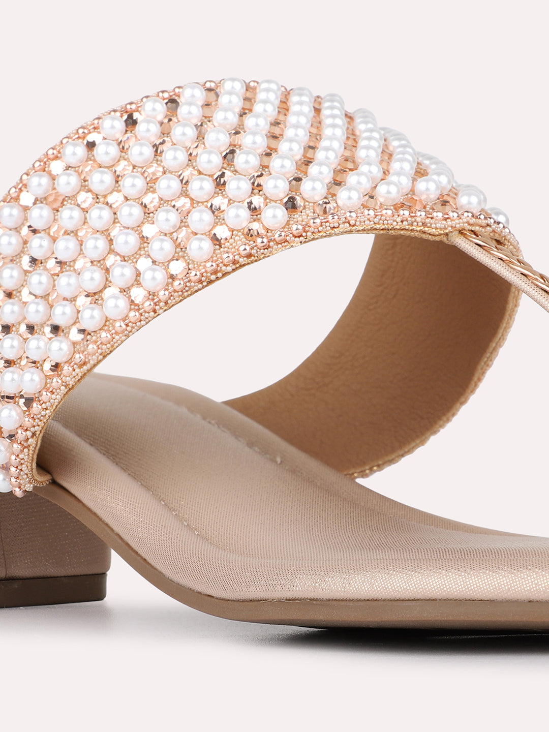 Womens Rose Gold Party Wear Embellished Round Toe Block Heels