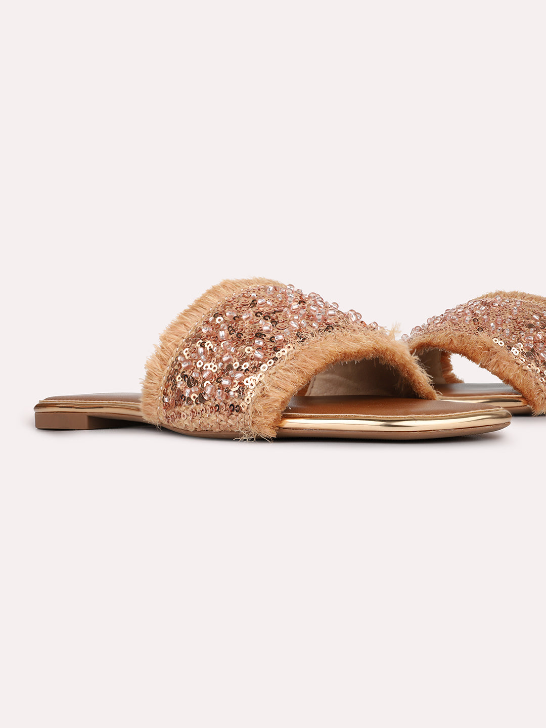 Womens Tan Ethnic Embellished Open Toe Slip-On Flats