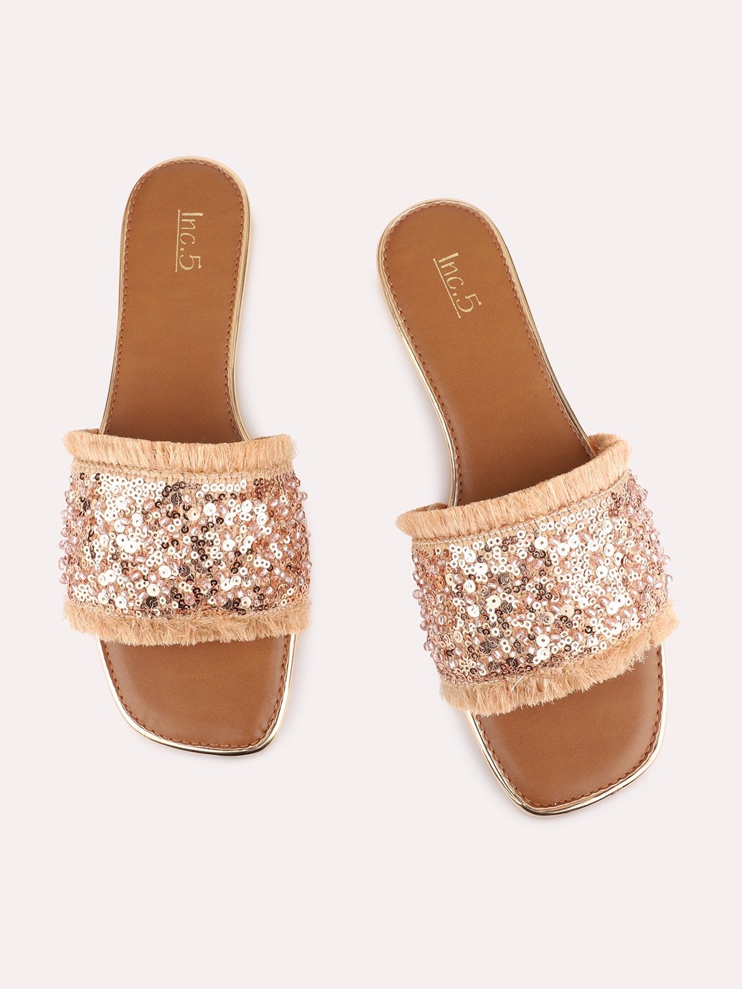 Womens Tan Ethnic Embellished Open Toe Slip-On Flats