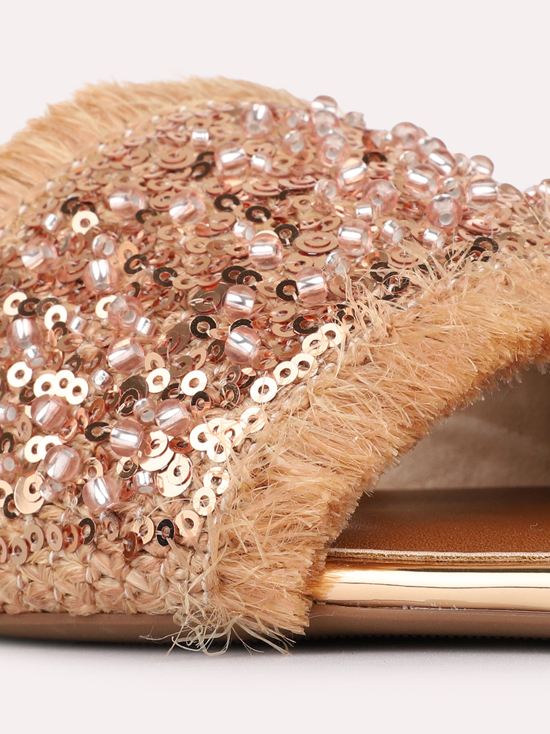 Womens Tan Ethnic Embellished Open Toe Slip-On Flats