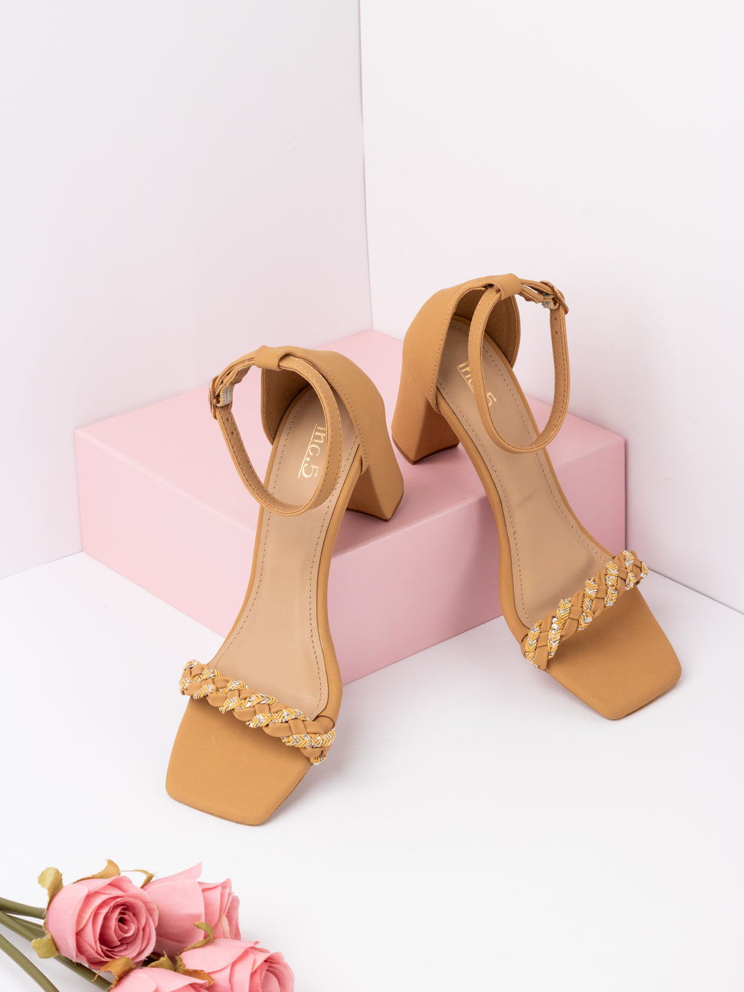 Womens Beige Solid Square Toe Party Wear Block Heels Sandals