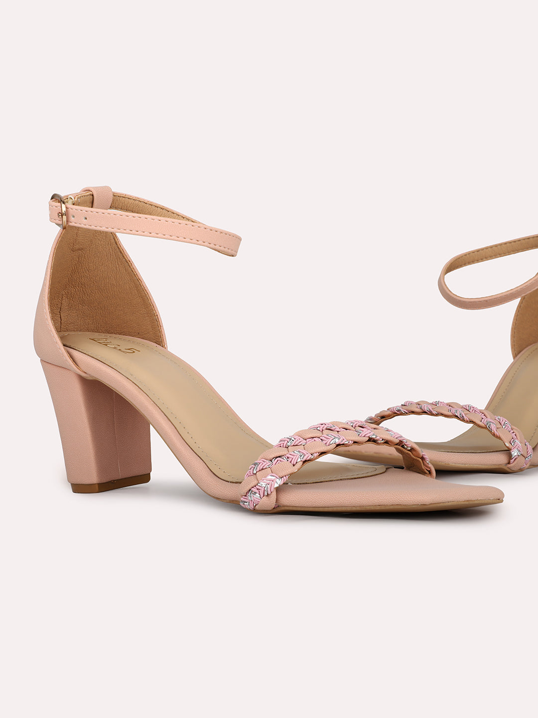 Womens Peach Solid Square Toe Party Wear Block Heels Sandals