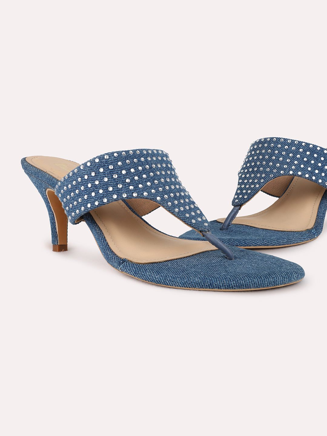 Womens Navy Party Wear Embellished Round Toe Kitten Heel Sandals