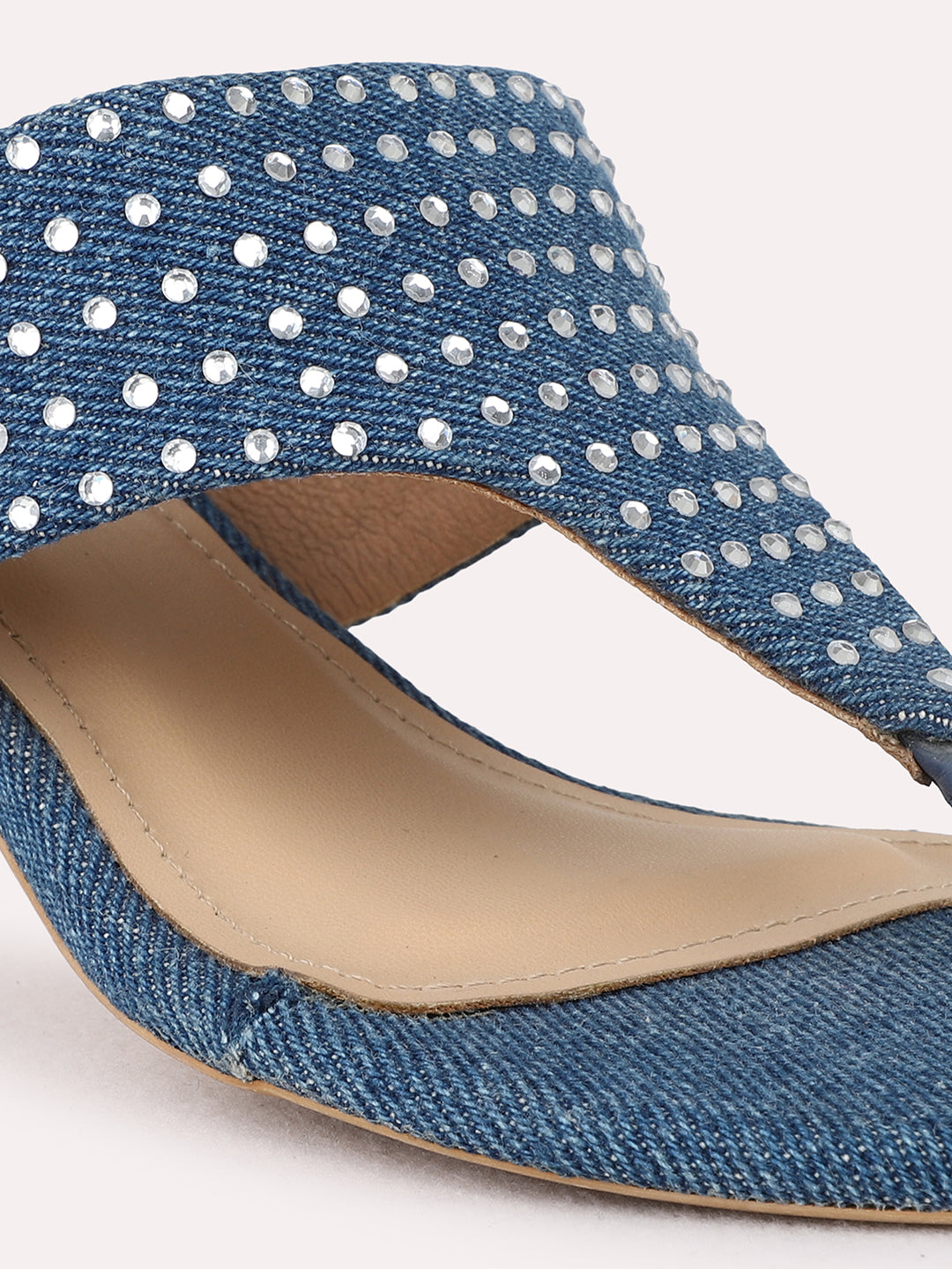 Womens Navy Party Wear Embellished Round Toe Kitten Heel Sandals